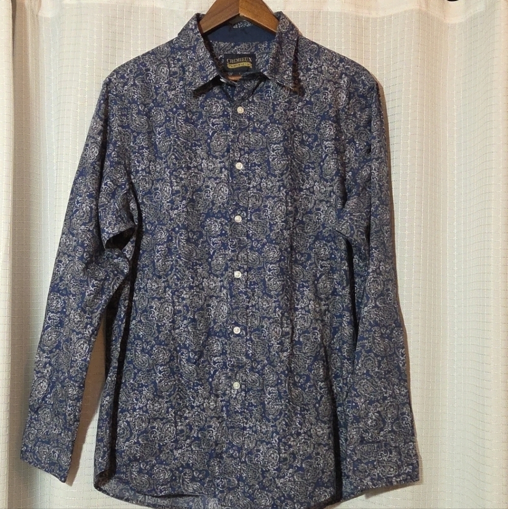 Cremieux Premium Denim Shirt Mens L Blue Paisley 100% Cotton Button-Up